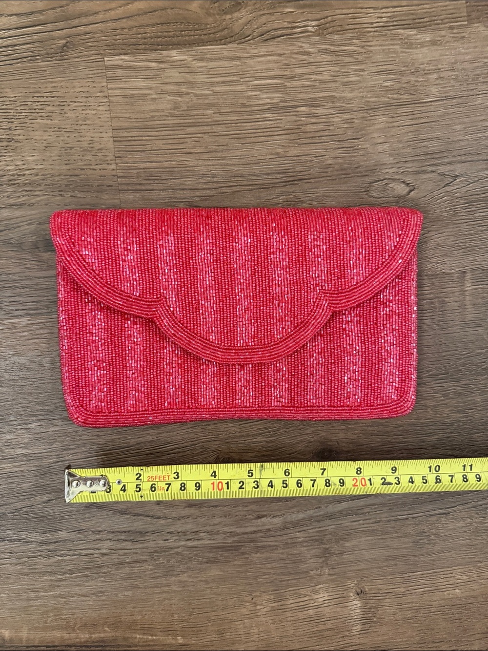 Fuschia Pink Beaded Scallop Flap Clutch with Silvertone strap